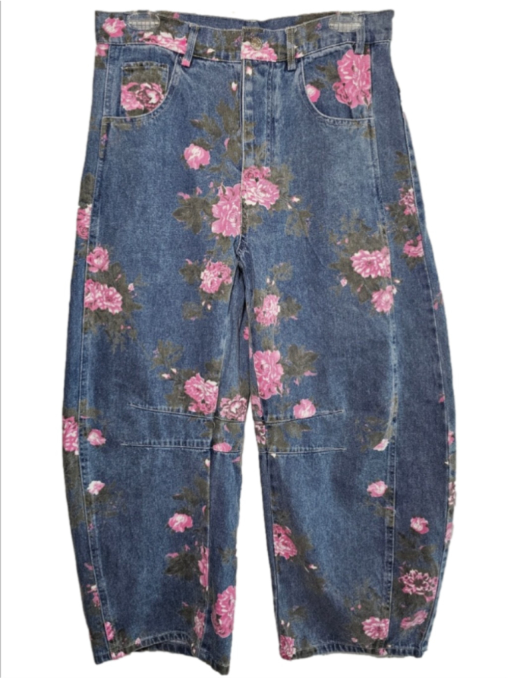 ee:some Floral Rose Print Barrel Horseshoe Wide Leg Denim Jeans Size S NWT